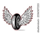 Hand drawn wheel with wings illustration isolated on white background. Design element for poster, card, banner, sign, emblem, t shirt. Vector illustration