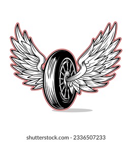 Hand drawn wheel with wings illustration isolated on white background. Design element for poster, card, banner, sign, emblem, t shirt. Vector illustration