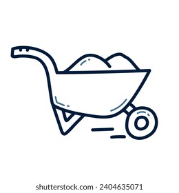 Ilustración de la línea de doodle dibujada a mano con Wheelbarrow. Vector de icono del doodle de flecha de ruedas.