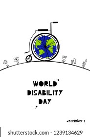 Hand drawn wheelchair with abstract Earth. International Day of Persons with Disabilities December 3 design concept. Vector illustration in flat style