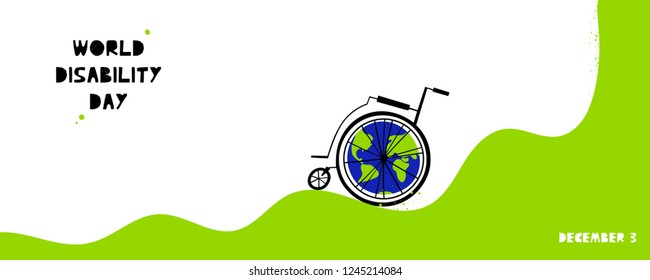 Hand drawn wheelchair with abstract Earth. International Day of Persons with Disabilities December 3 design concept. Vector illustration in flat style