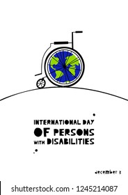 Hand drawn wheelchair with abstract Earth. International Day of Persons with Disabilities December 3 design concept. Vector illustration in flat style