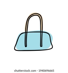 Hand drawn wheeled duffel bag. Vector illustration of blue travel bag. Drawing of travel bag isolated on white. Summer tourism object. Bag for vacation, journey, trip, holiday, business flight.