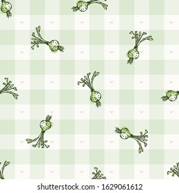 Hand drawn whimsical beetroot gingham seamless pattern. Vector vintage check retro vegetable background. Green farm market tablecloth. Drawn sketchy allover print. Home grown self sufficient garden