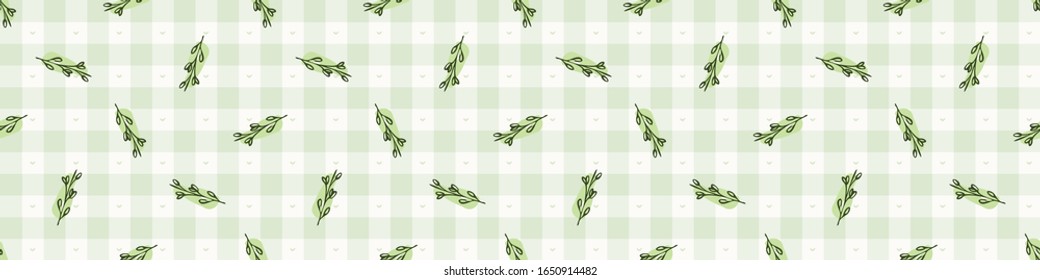 Hand drawn whimsical berb sprig gingham seamless pattern. Vector vintage check herbal plant background. Green farm market tablecloth. Drawn sketchy allover print. Home grown self sufficient garden