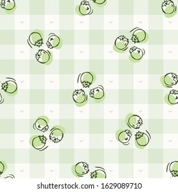 Hand drawn whimsical berries gingham seamless pattern. Vector vintage check retro fruit background. Green farm market tablecloth. Hand drawn sketch all over print. Home grown self sufficient garden