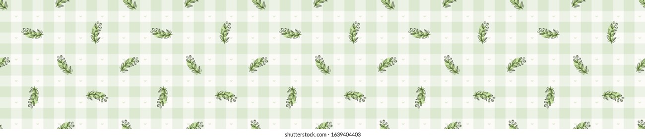 Hand drawn whimsical berries gingham seamless border pattern. Vector vintage check fruit banner background. Hand drawn sketchy endless washi masking tape. Home grown self sufficient garden edging