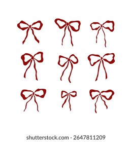 Arcos desenhados à mão ajustados. Ilustração do vetor de estilo de coquete. Encantador desenho de arco vermelho. elemento de decoração para presente, casamento, decoração de férias
