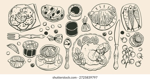 Café da manhã caprichado desenhado à mão com café, torrada, tomates cereja, croissants, geleia, panelas de chá e bolos em estilo mediterrâneo.