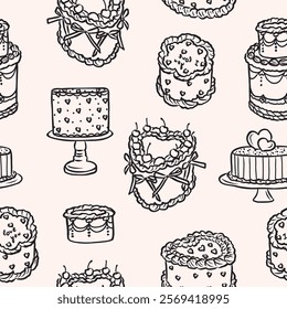 Hand drawn whimsical cakes background