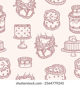 Hand drawn whimsical cakes seamless pattern