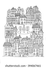 Hand drawn whimsical cartoon style hand drawn sketch illustration of village houses and other buildings