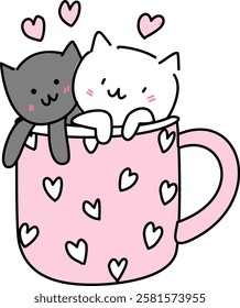 Hand drawn whimsical cat and heart with love letter Cupid angel in coffee cup in valentines cartoon 