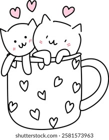 Hand drawn whimsical cat and heart with love letter Cupid angel in coffee cup in valentines cartoon 