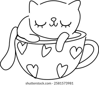 Hand drawn whimsical cat and heart with love letter Cupid angel in coffee cup in valentines cartoon 