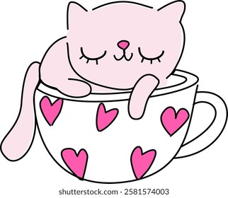 Hand drawn whimsical cat and heart with love letter Cupid angel in coffee cup in valentines cartoon 