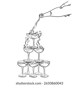 Hand drawn whimsical champagne tower. Holiday alcoholic drinks in trendy vintage style for wedding invitations, menus and parties. Ink doodle elegant coquette style. Vector minimalist illustration