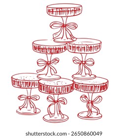 Hand drawn whimsical champagne tower. Holiday alcoholic drinks in trendy vintage style for wedding invitations, menus and parties. Ink doodle elegant coquette style. Vector minimalist illustration