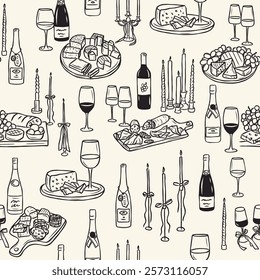 Hand drawn whimsical charcuterie boards and wine background