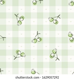 Hand drawn whimsical cherry gingham seamless pattern. Vector vintage check retro fruit background. Green farm market tablecloth. Hand drawn sketchy all over print. Home grown self sufficient garden