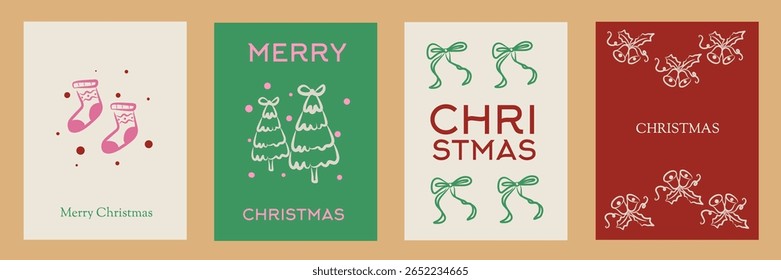 Hand drawn whimsical Christmas doodles. Vector illustration cards, christmas tree icon, bows and socks. Minimalist winter line art. Illustration for invitations, stationery, printables, social media.