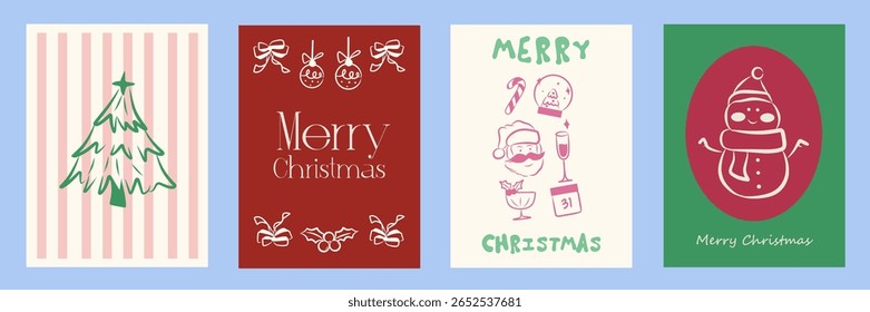 Hand drawn whimsical Christmas doodles. Vector illustration cards, christmas tree icon, bows and santa. Minimalist winter line art. Illustration for invitations, stationery, printables, social media.