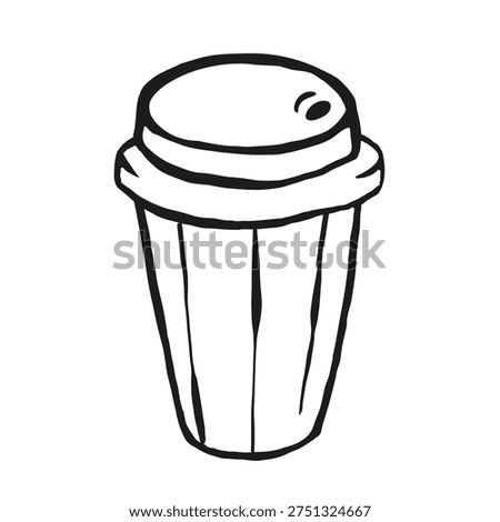 Hand drawn whimsical coffee cup illustration with lid and ribbed design, isolated on white background
