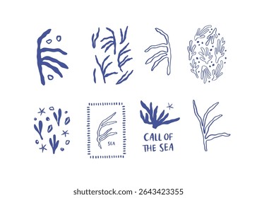 Hand drawn whimsical coral and seaweed collection. Underwater doodle vector illustration. Coastal line art drawing. Mediterranean style. Maine life sketch isolated on white