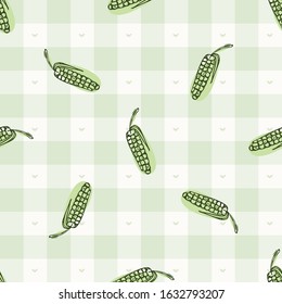 Hand drawn whimsical corn gingham seamless pattern. Vector vintage check retro vegetable background. Green farm market tablecloth. Drawn sketchy all over print. Home grown self sufficient garden