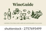 Hand drawn whimsical crayon wine set. Vector isolated sketch line art doodle illustration. Mediterranean food and drinks menu design