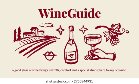 Hand drawn whimsical crayon wine set. Vector isolated sketch line art doodle illustration. Mediterranean food and drinks menu design
