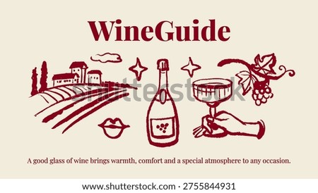 Hand drawn whimsical crayon wine set. Vector isolated sketch line art doodle illustration. Mediterranean food and drinks menu design