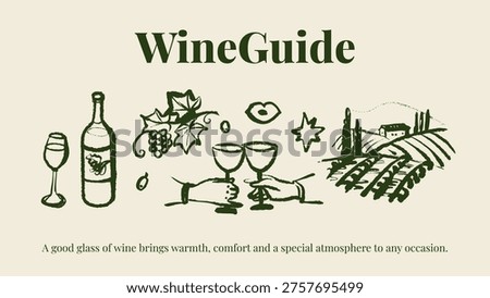 Hand drawn whimsical crayon wine set. Vector isolated sketch line art doodle illustration. Mediterranean food and drinks menu design