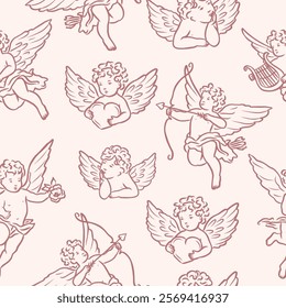 Hand drawn whimsical cupids seamless pattern