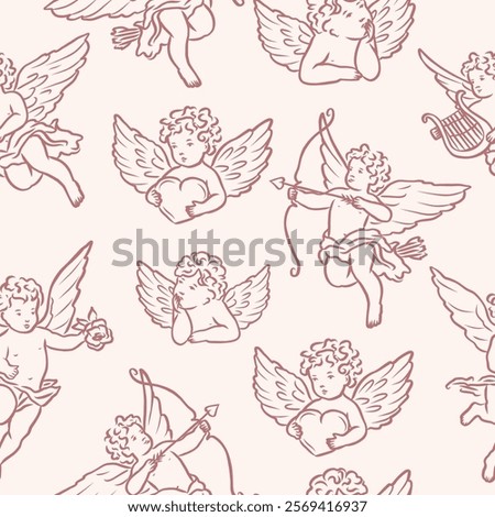Hand drawn whimsical cupids seamless pattern