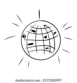 Hand drawn whimsical disco ball illustration, doodle style disco ball, retro style 