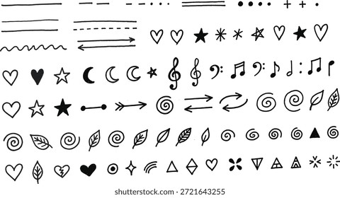 Hand drawn whimsical doodle elements, sketch style icons, arrows, hearts, stars, music notes, sparkles, decorative symbols for design