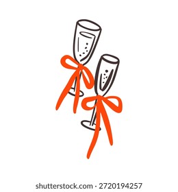 Dibujado a mano caprichoso doodle dos gafas de prosecco icono de crayón. Copa de vino de champán con lazo coqueto. Coqueta día de San Valentín, despedida de soltera, elemento de diseño de cumpleaños femenino. Animar ilustración