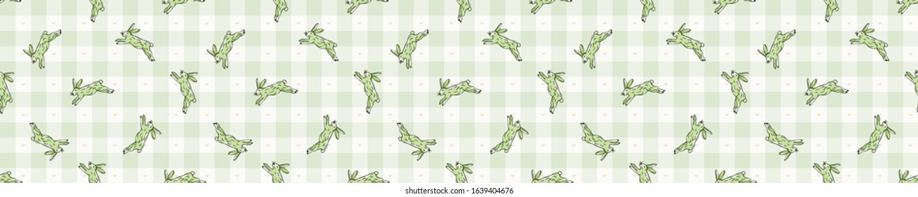 Hand drawn whimsical easter bunny gingham seamless border pattern. Vector vintage rabbit check banner background. Green picnic tablecloth. Drawn sketchy washi masking tape. Cute kawaii animal edging