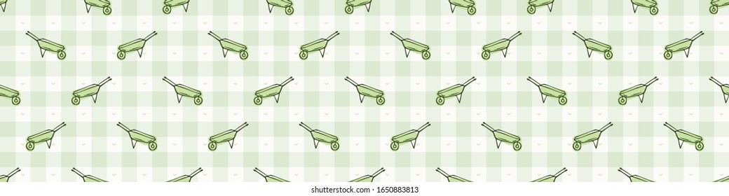 Handgezeichnet skurrile leere Radkarren nahtlose Grenzmuster. Vektorillustration Vintage Gingham Scheck Retro Banner Hintergrund. Grüner Markt Tischdecken Waschbänder mit Klebeband. Zeichnen Sie skizzenhaftes Bandtrimm.