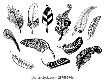 Hand drawn whimsical feather collection. Vector illustration.