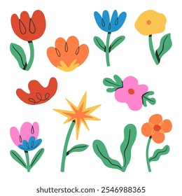 Hand drawn whimsical floral and botanical. A bundle of 10 unique hand-drawn floral and leaf elements in a whimsical style, perfect for decorations, patterns, and creative projects