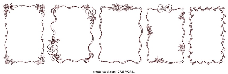 Coleção de molduras florais desenhadas à mão. Coquette vintage botanical flor grinalda com arcos e fitas. Vetor design ornamental com flor, cachos para cartaz, casamento e convites.