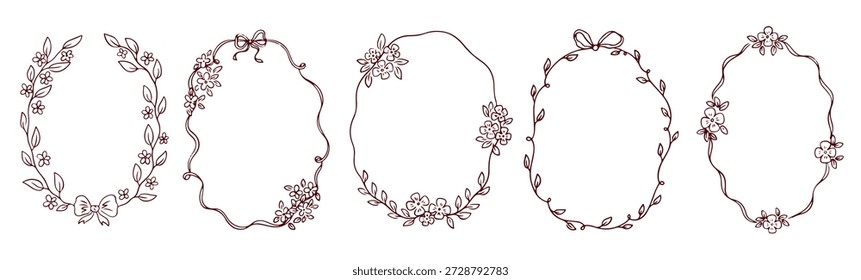 Mão desenhada molduras florais caprichadas com arco e fita. Coquette vintage elegantes desenhos ornamentais com decorações de flores, cachos para cartaz, casamento e convites. Coroa de mola botânica vetorial