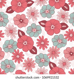 Hand drawn whimsical hand drawn floral repeat pattern in pink, red, white and teal