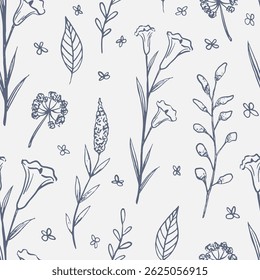 Hand drawn whimsical flower seamless pattern perfect for textile, wallpaper