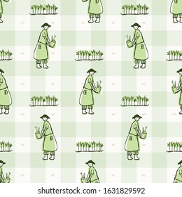 Hand drawn whimsical gardening girl sowing with plant pots. Gingham seamless pattern. Vector vintage check retro homesteading background. Green farmer market. Grow your own food allotment backdrop.