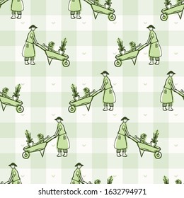 Hand drawn whimsical gardening girl wheelbarrow with plant pots. Gingham seamless pattern. Vector vintage check retro homesteading background. Green farmer market. Grow your own food concept backdrop.