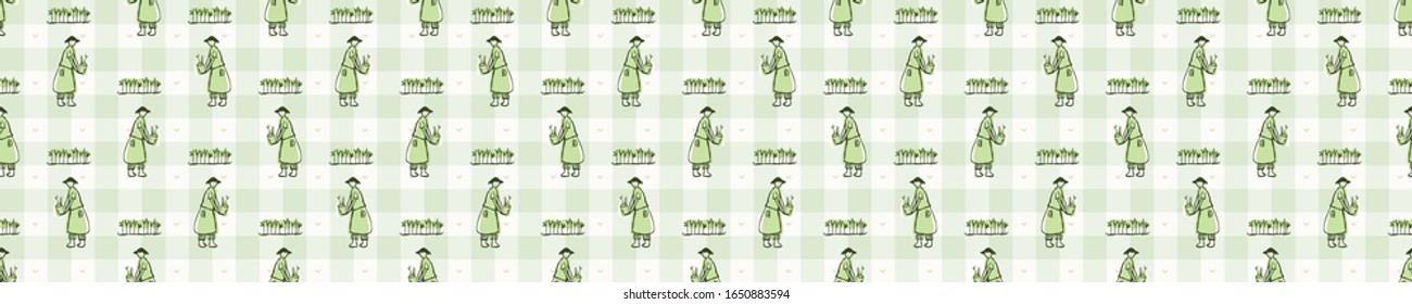Hand drawn whimsical girl planting garden seamless border pattern. Vector vintage gingham check retro banner background. Green farm market tablecloth washi tape edging. Drawn sketchy ribbon trim.