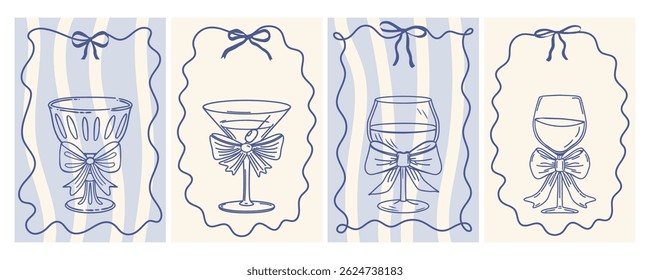 Hand drawn whimsical greeting cards with elegant wine glasses with bows in vintage  ribbon frames. Sketch in doodle style.